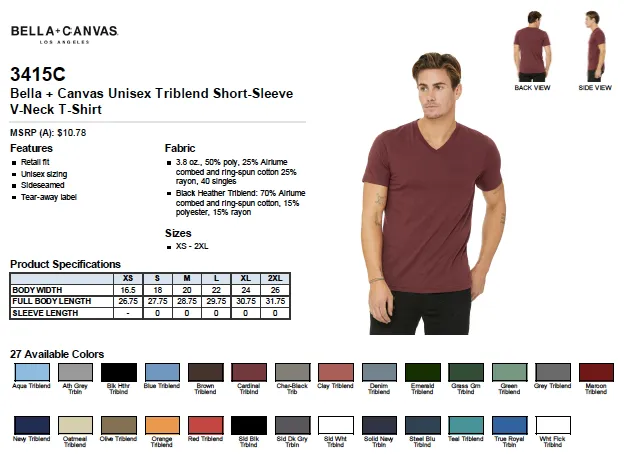 Bella Canvas Unisex Triblend Short Sleeve V Neck