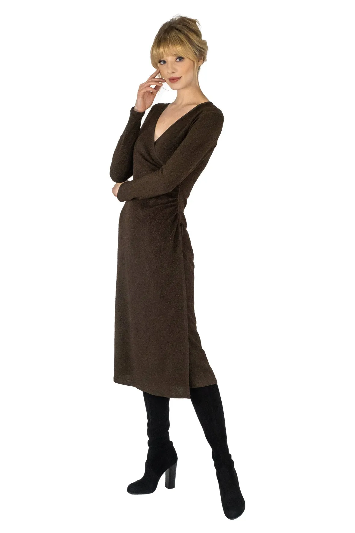 Calf Length Long Sleeve Wrap Dress