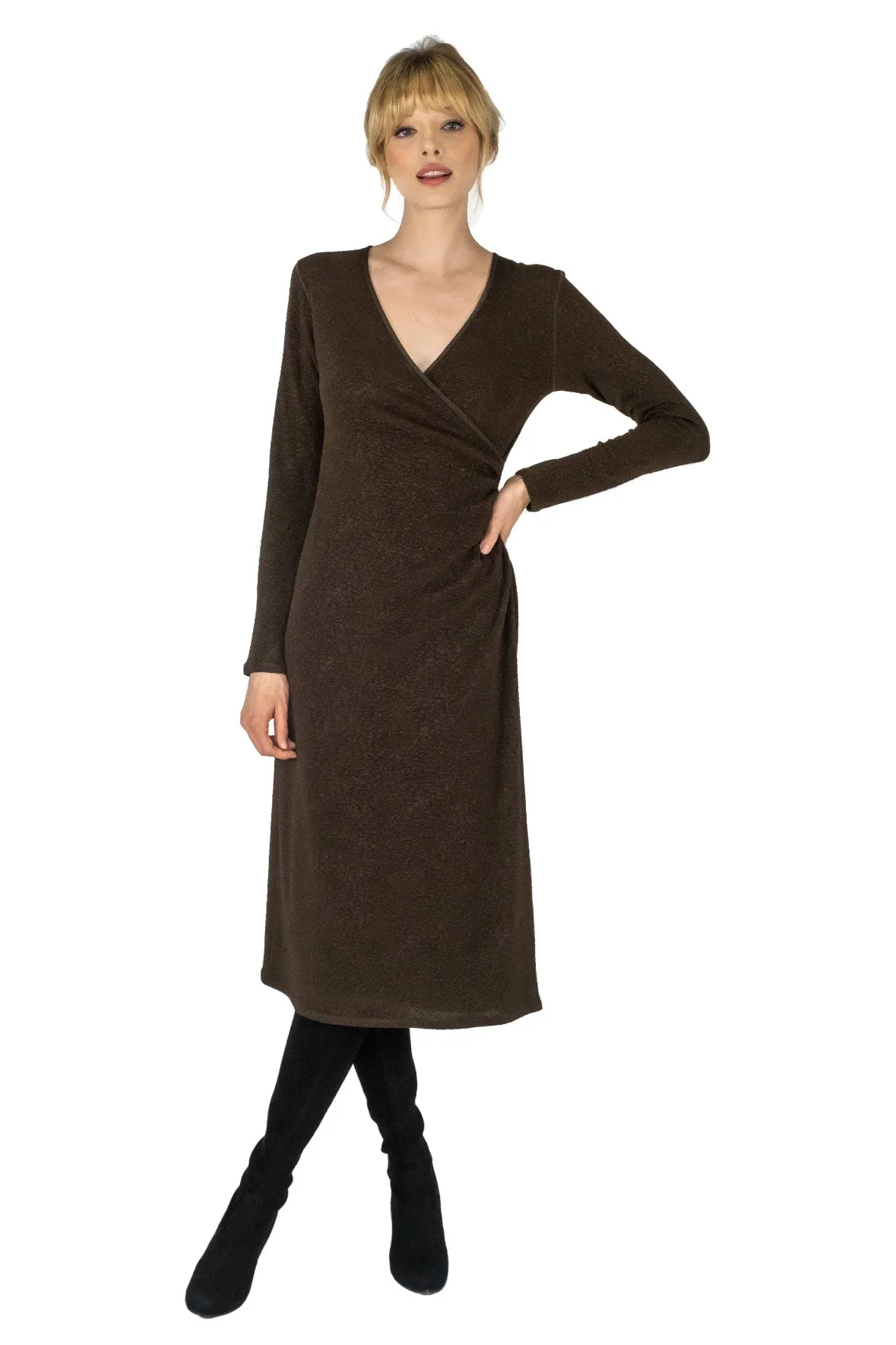 Calf Length Long Sleeve Wrap Dress