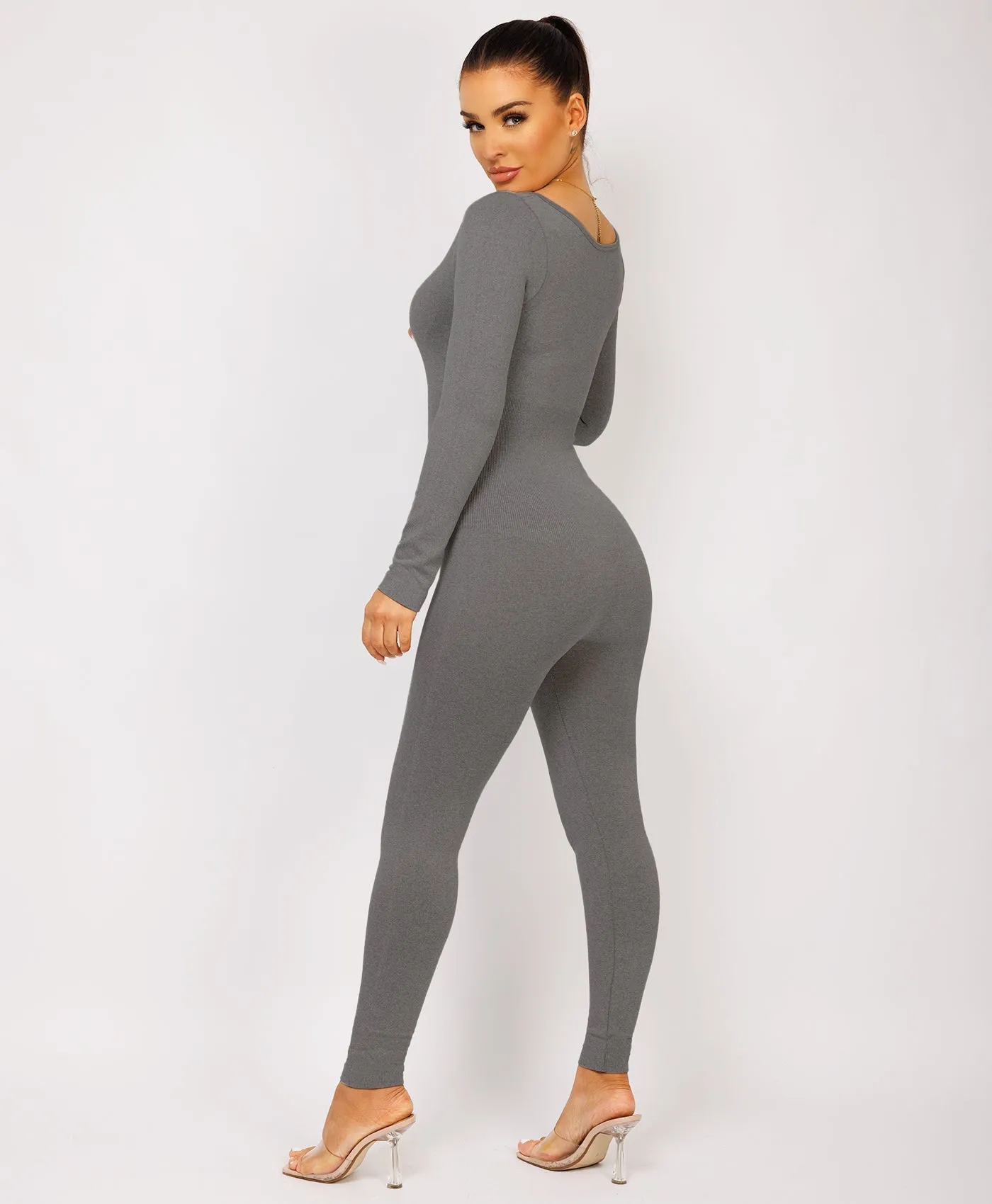 Charcoal Grey Elastic Ribbed Waist Round Neck Jumpsuit