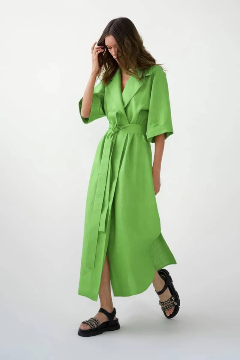 Cotton linen suit collar cardigan dress