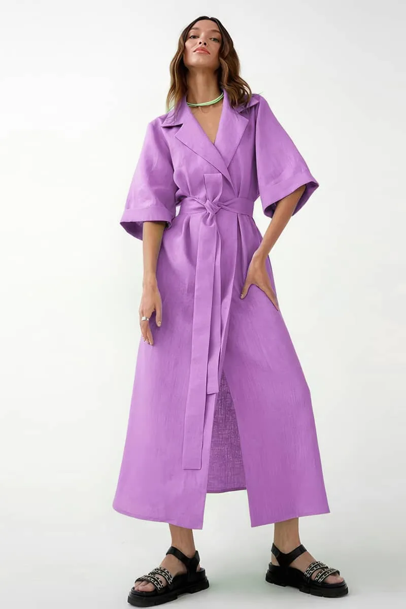 Cotton linen suit collar cardigan dress