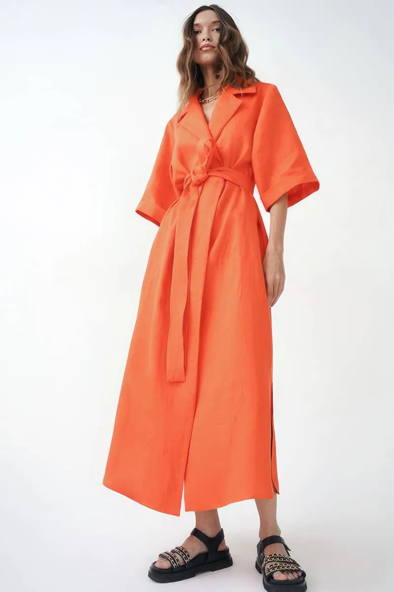 Cotton linen suit collar cardigan dress