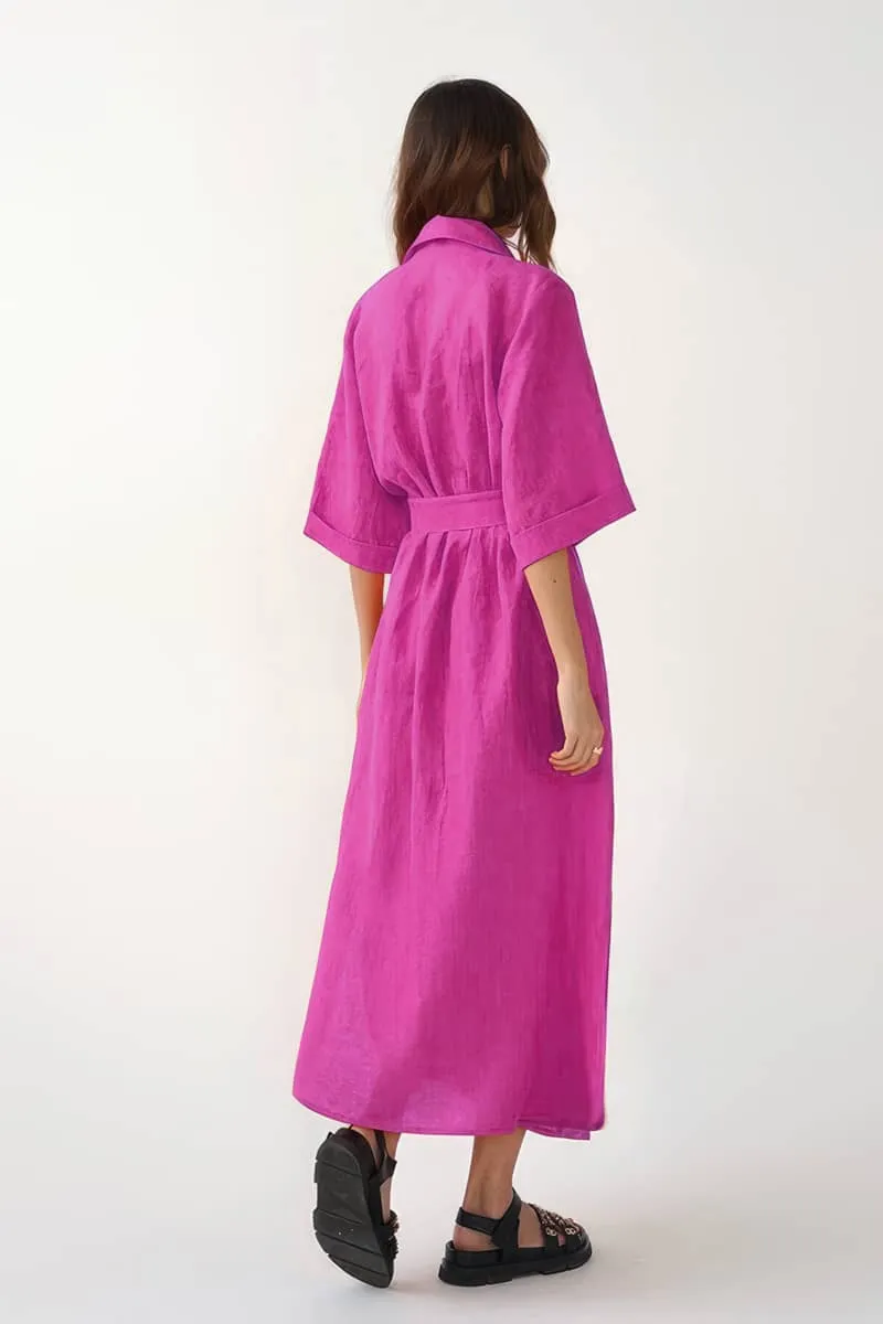 Cotton linen suit collar cardigan dress