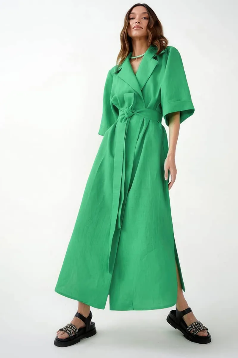 Cotton linen suit collar cardigan dress