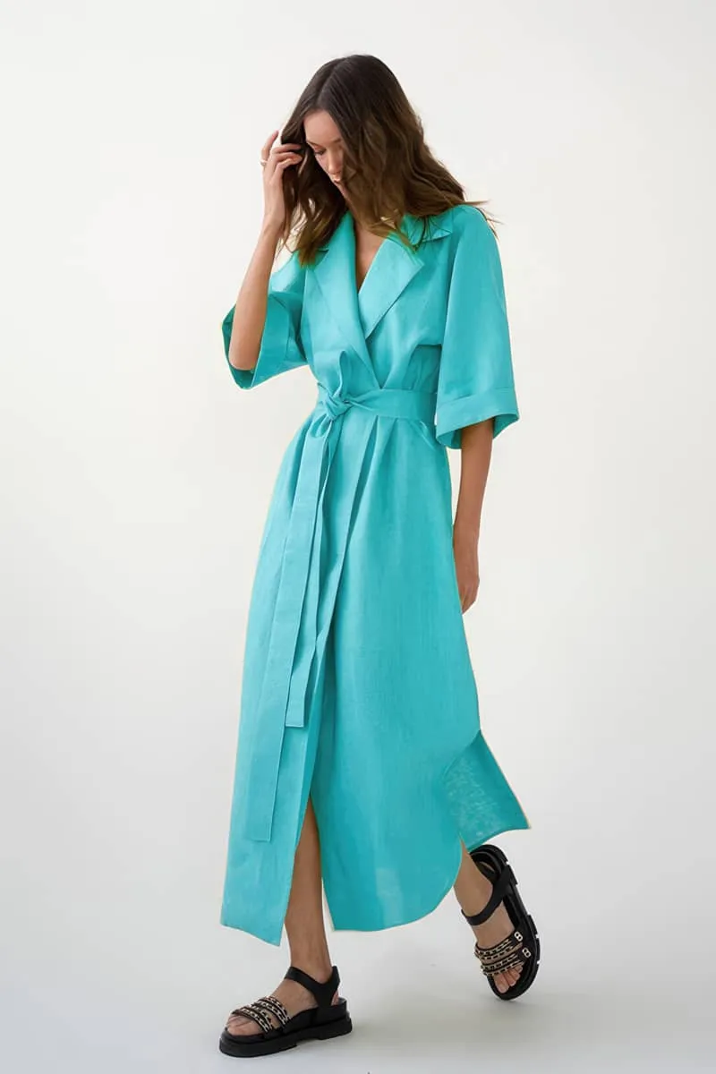 Cotton linen suit collar cardigan dress