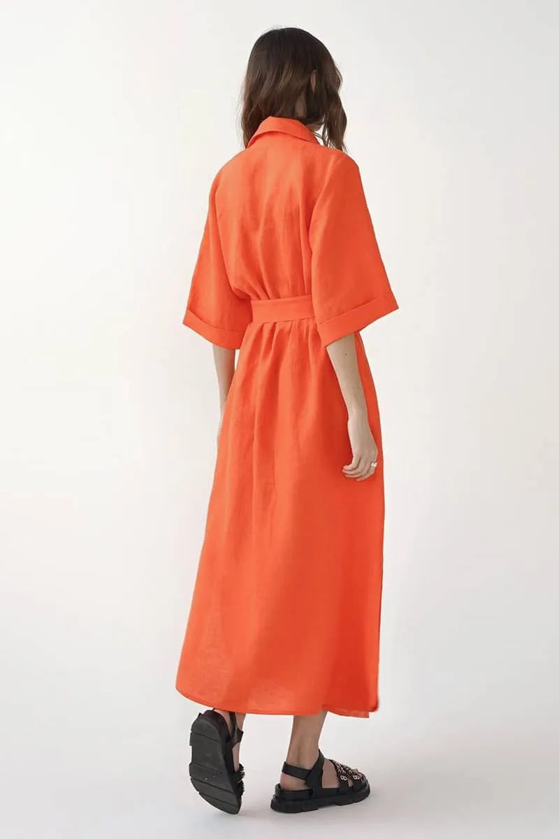 Cotton linen suit collar cardigan dress