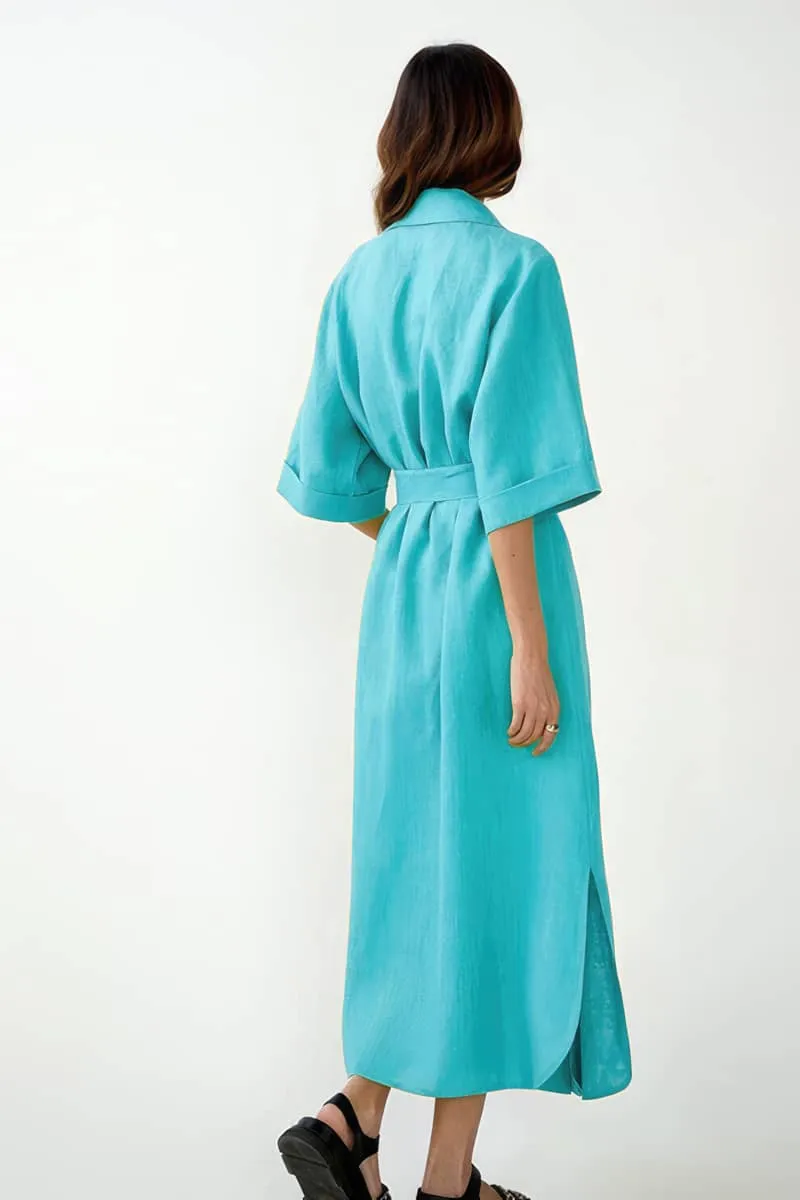 Cotton linen suit collar cardigan dress