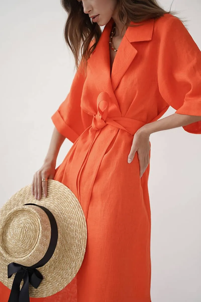 Cotton linen suit collar cardigan dress