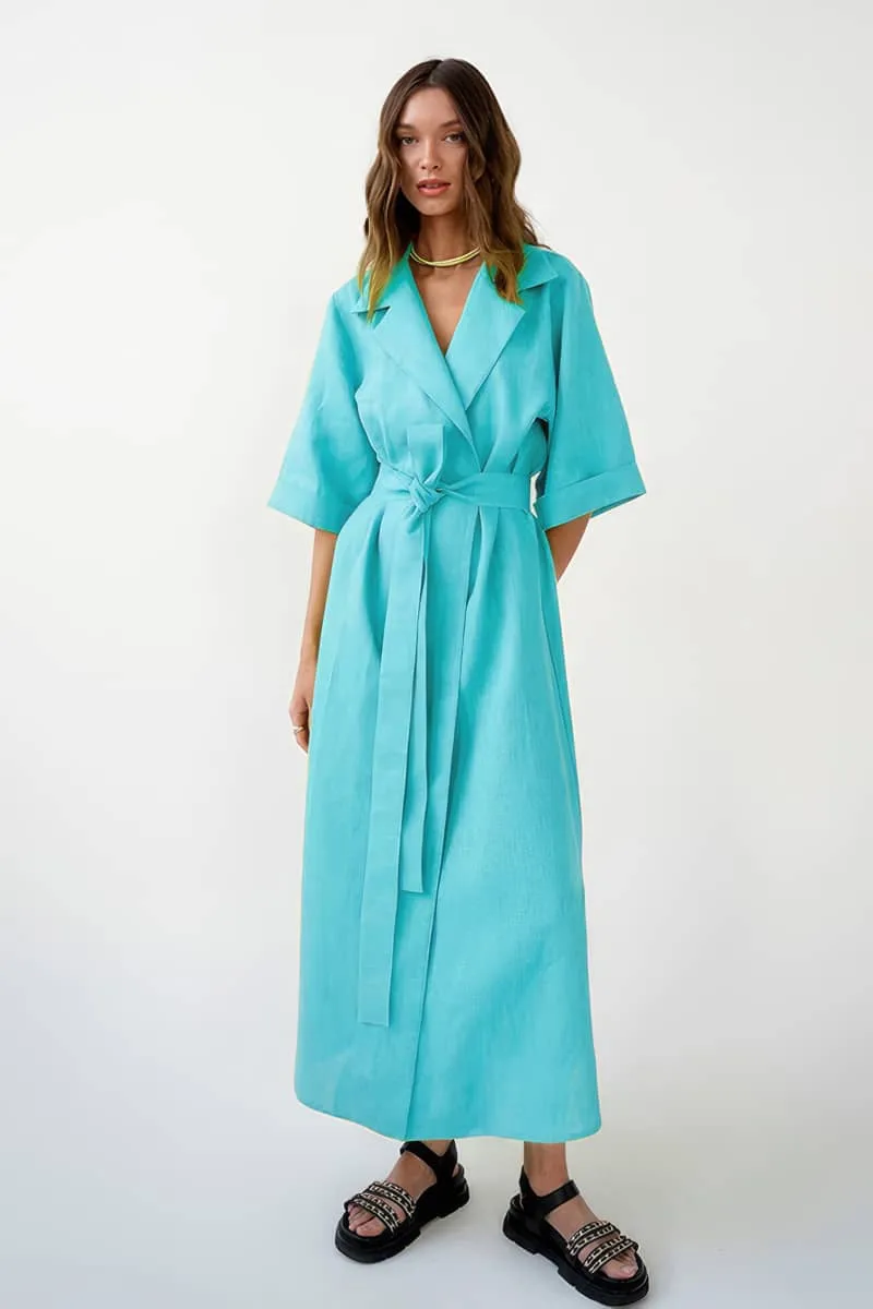 Cotton linen suit collar cardigan dress