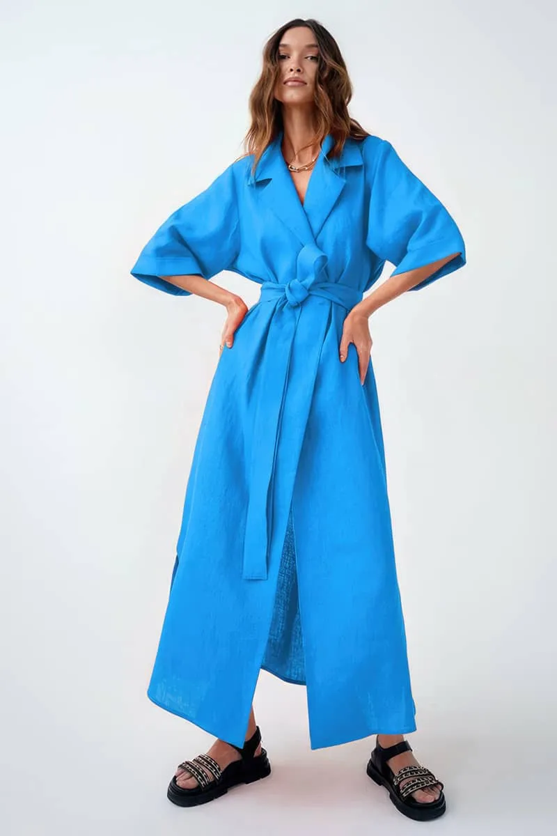 Cotton linen suit collar cardigan dress