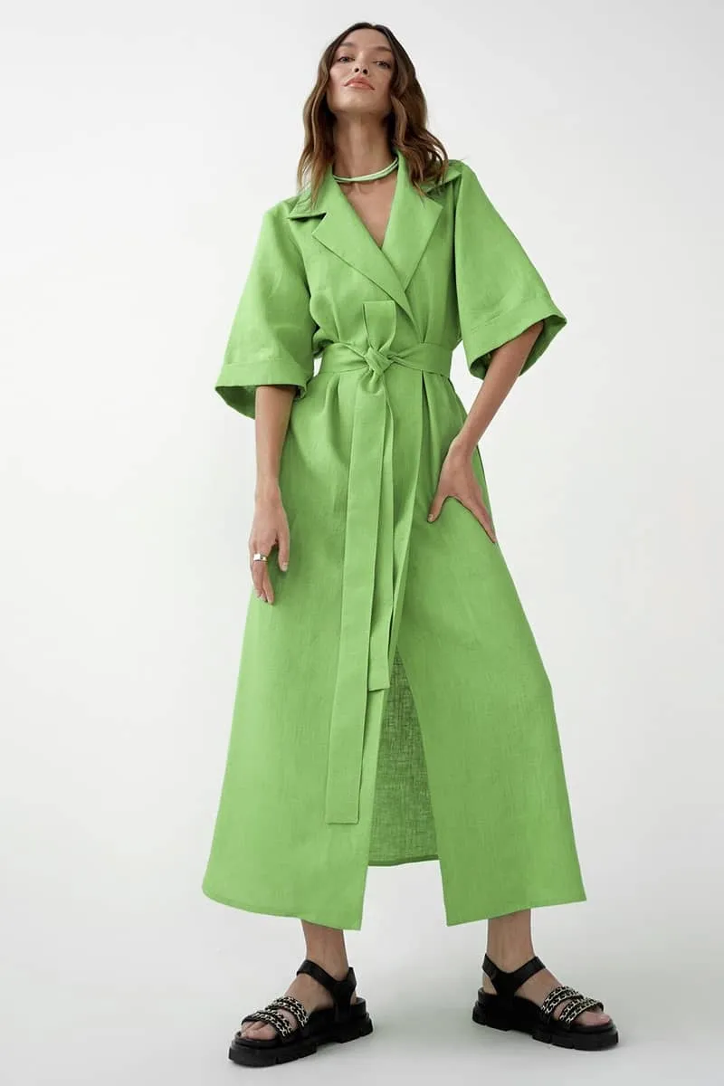 Cotton linen suit collar cardigan dress