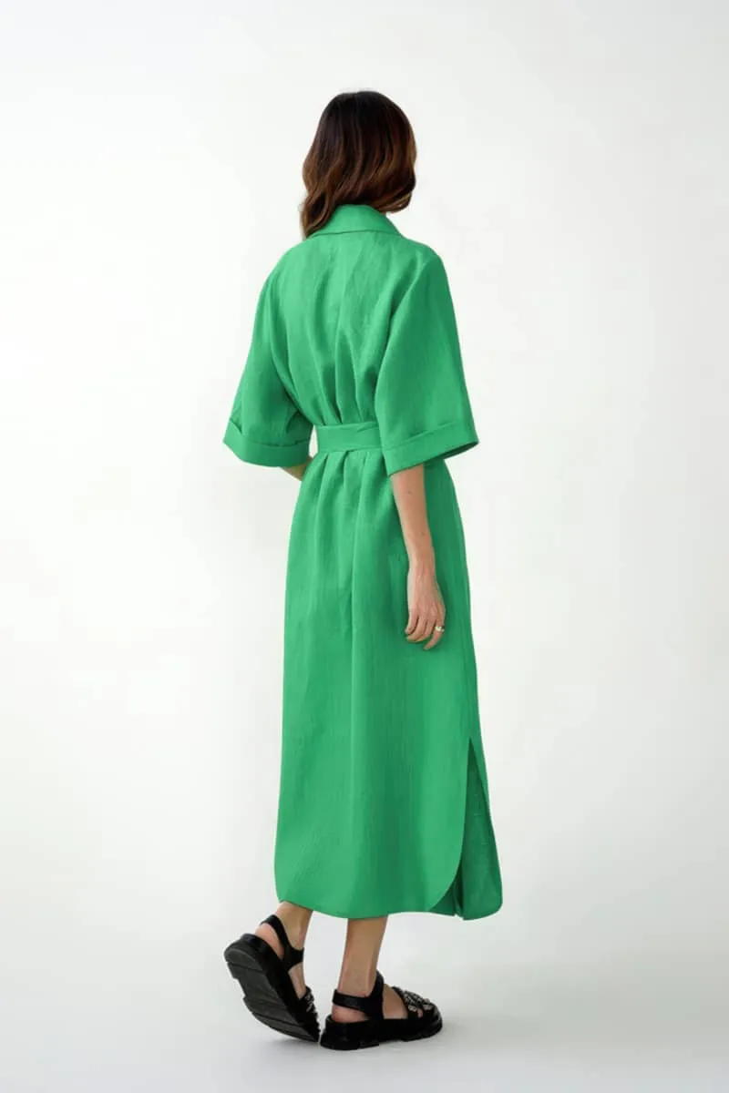 Cotton linen suit collar cardigan dress