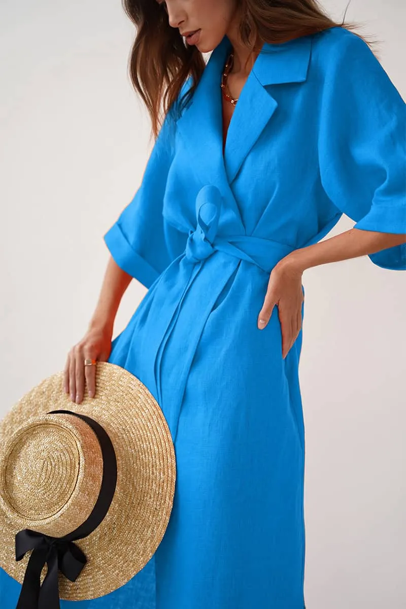 Cotton linen suit collar cardigan dress