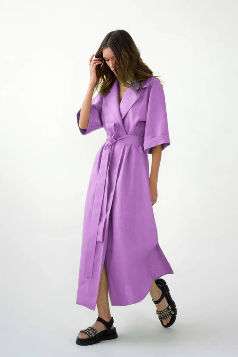 Cotton linen suit collar cardigan dress