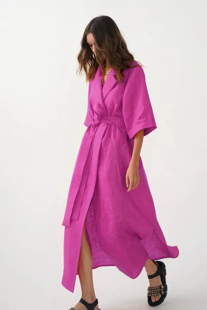 Cotton linen suit collar cardigan dress