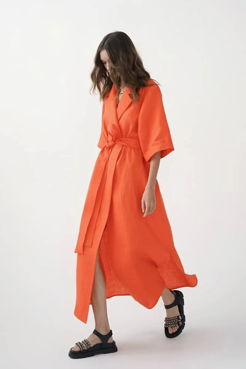 Cotton linen suit collar cardigan dress