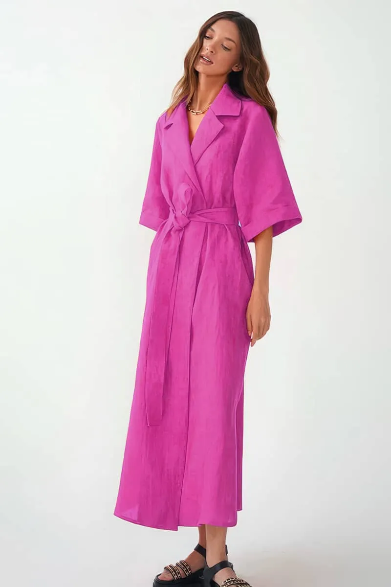 Cotton linen suit collar cardigan dress