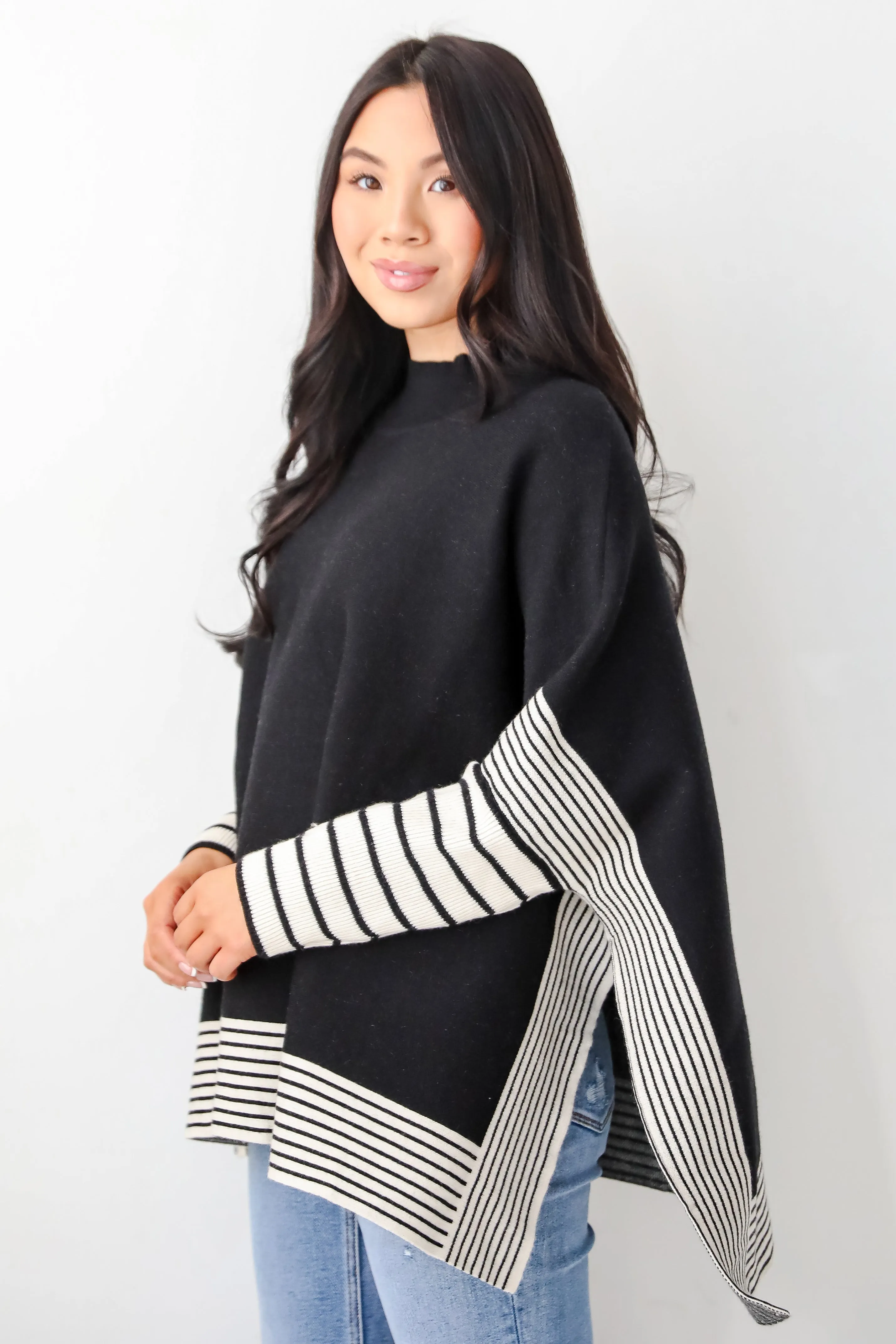 FINAL SALE - Cultivated Essential Black Striped Sweater Poncho