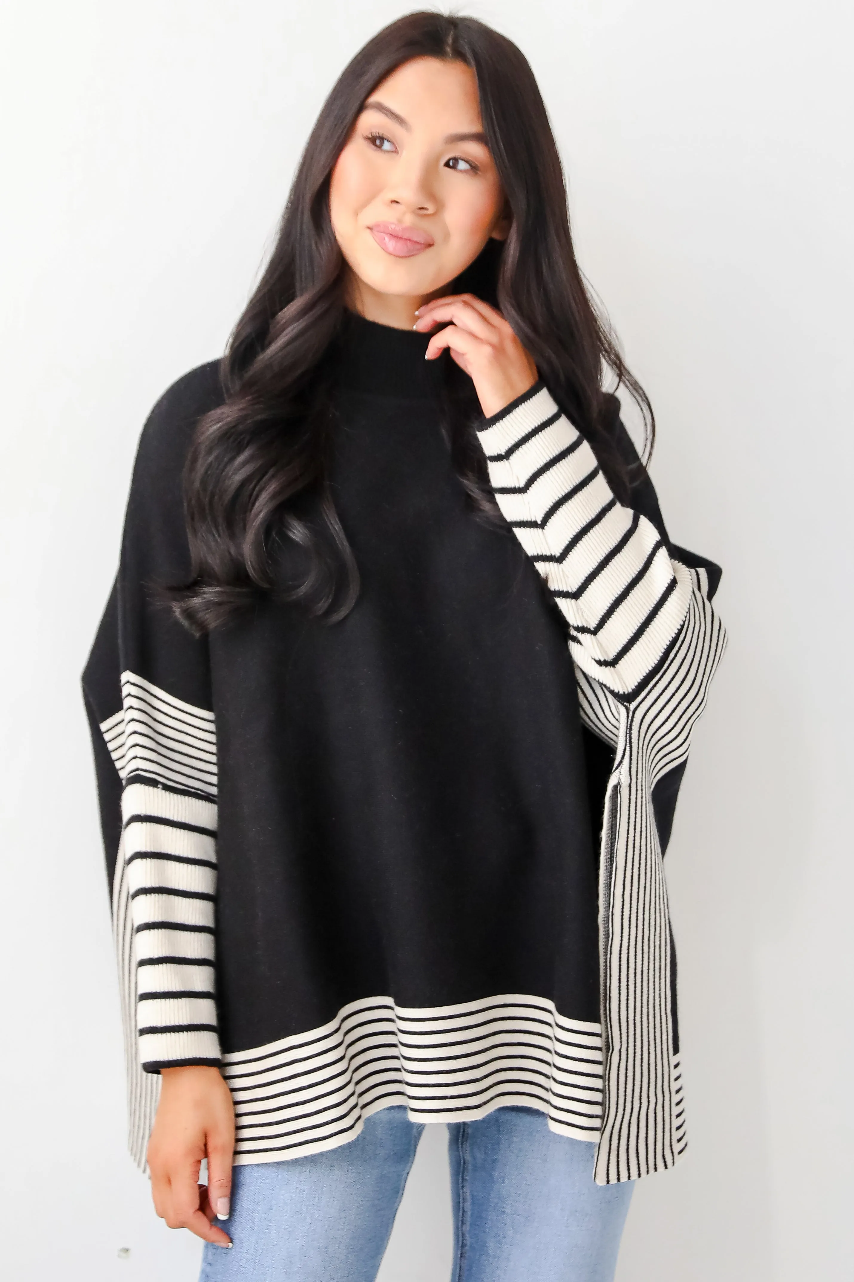 FINAL SALE - Cultivated Essential Black Striped Sweater Poncho