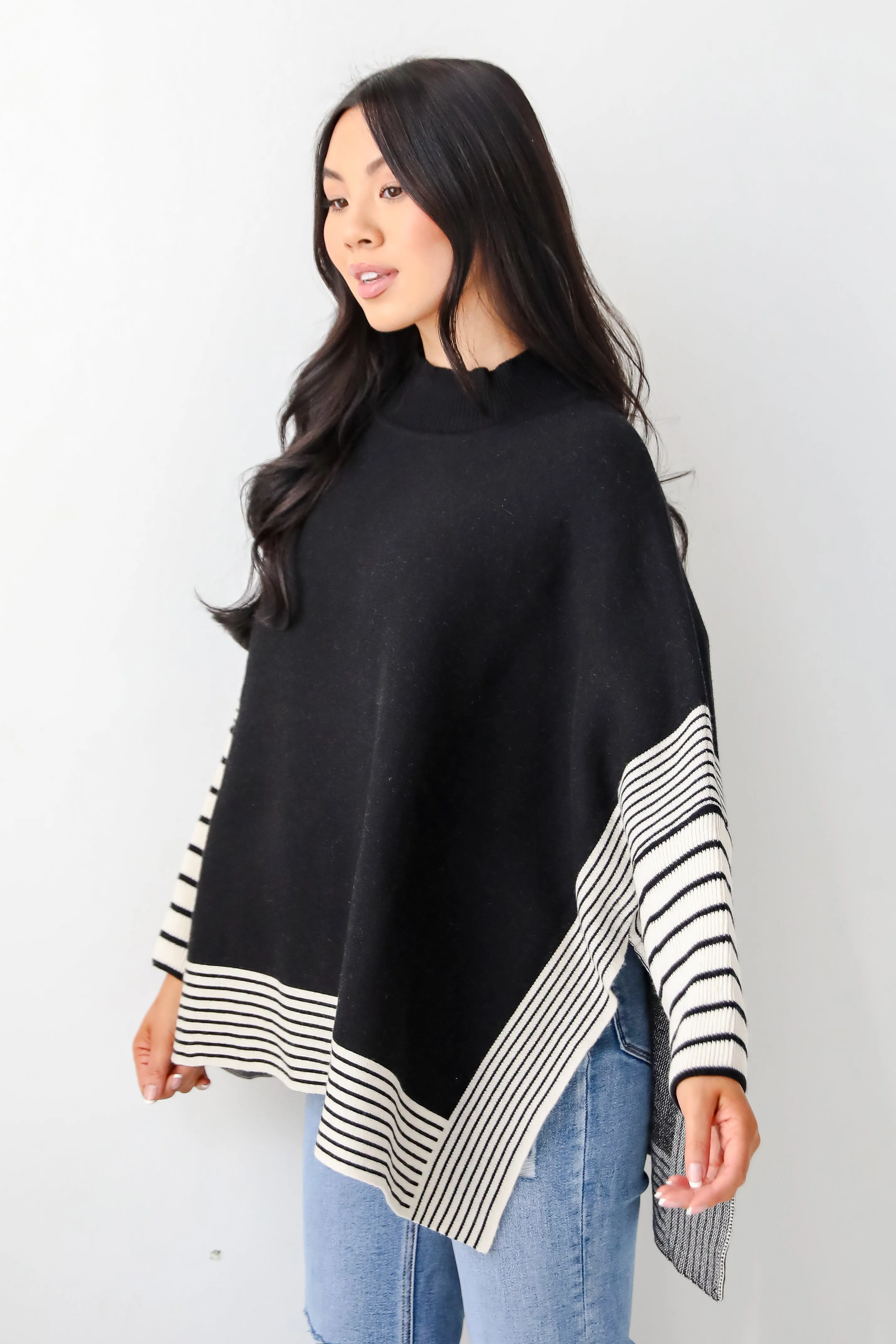 FINAL SALE - Cultivated Essential Black Striped Sweater Poncho