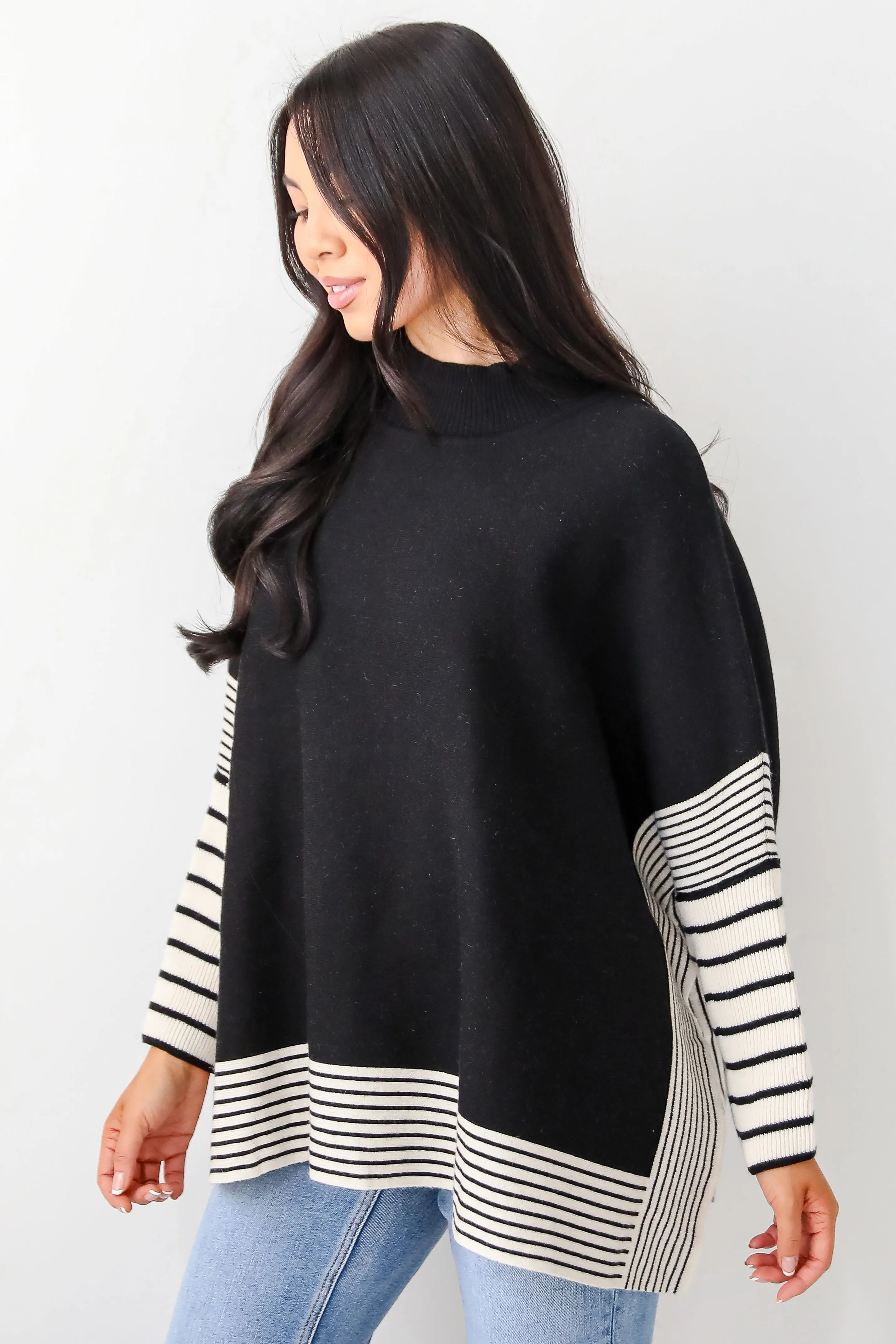 FINAL SALE - Cultivated Essential Black Striped Sweater Poncho