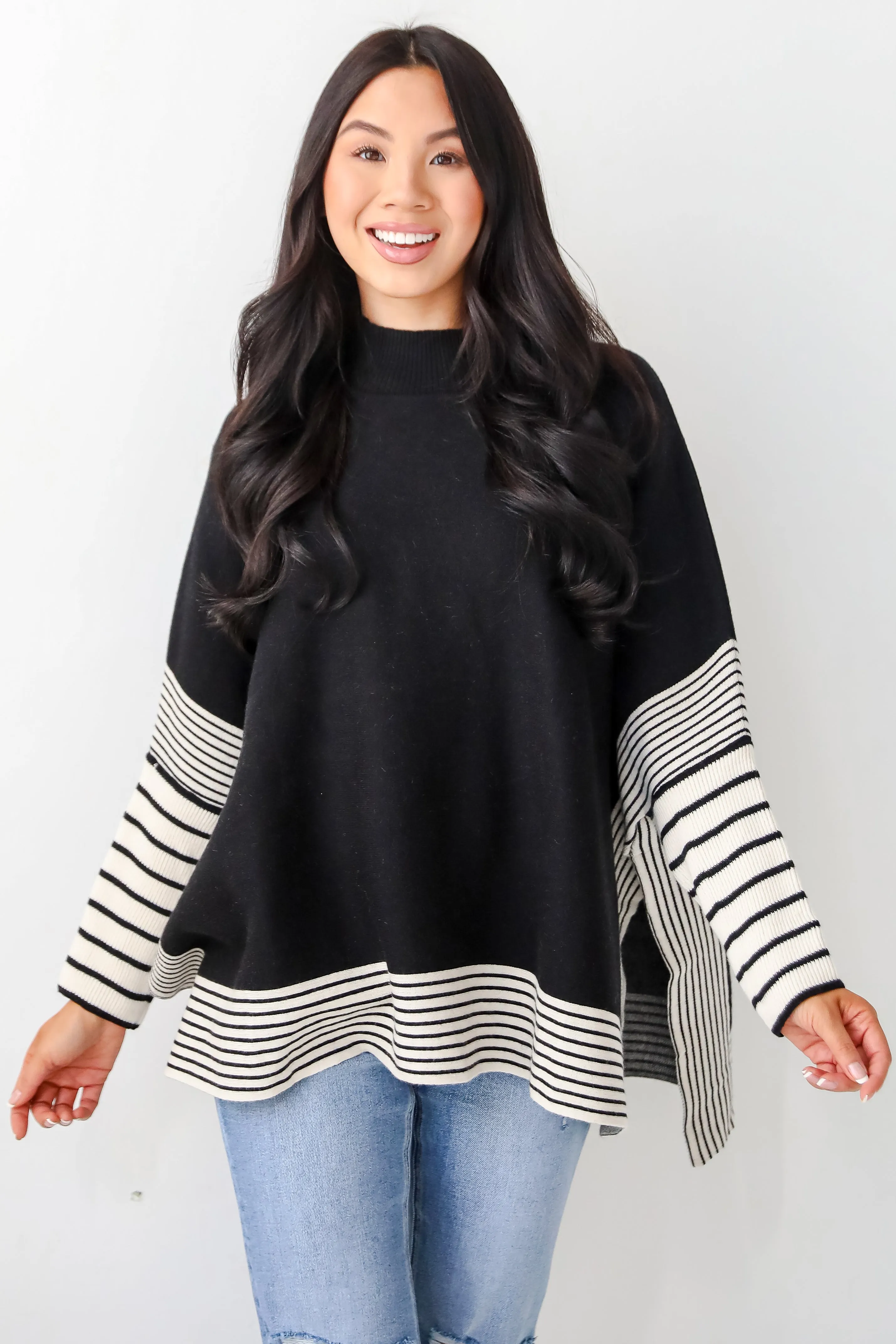 FINAL SALE - Cultivated Essential Black Striped Sweater Poncho