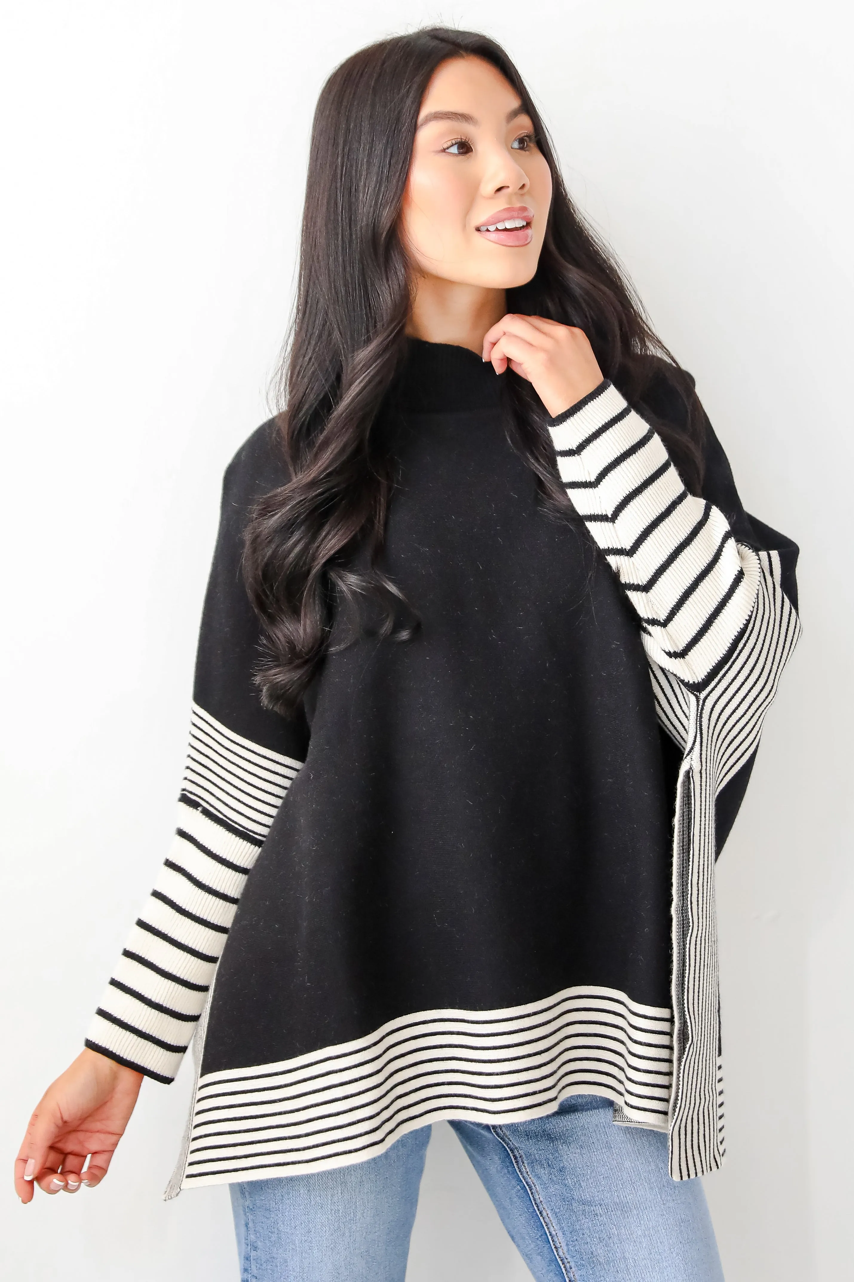 FINAL SALE - Cultivated Essential Black Striped Sweater Poncho
