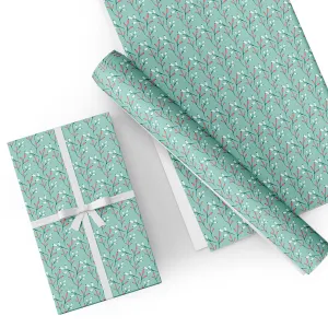 Floral Bud in Cyan Flat Wrapping Paper Sheet 19.7" X 27.6"