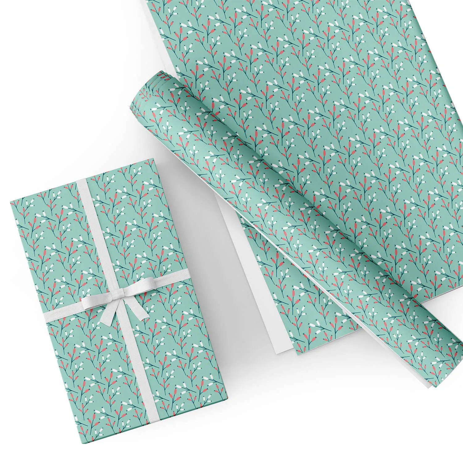 Floral Bud in Cyan Flat Wrapping Paper Sheet 19.7" X 27.6"