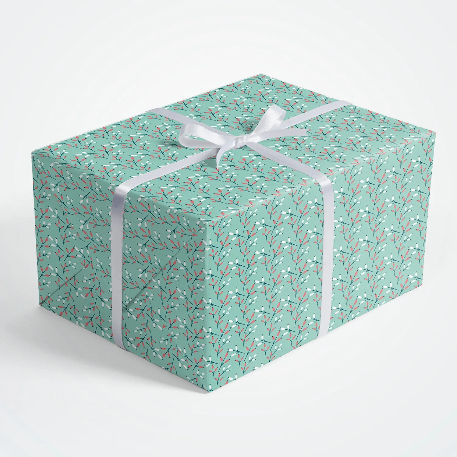 Floral Bud in Cyan Flat Wrapping Paper Sheet 19.7" X 27.6"