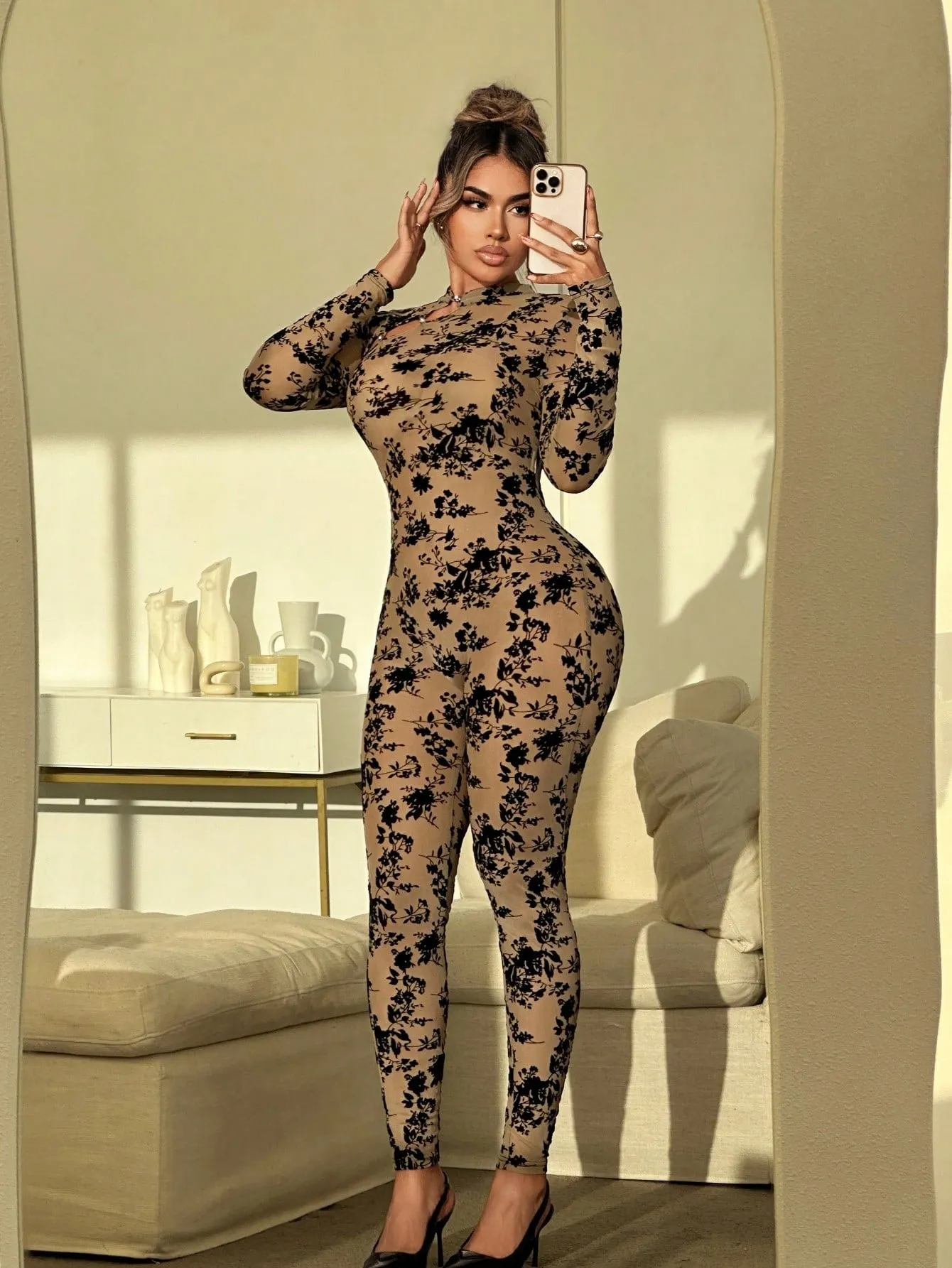 Floral Flocked Bodycon Jumpsuit
