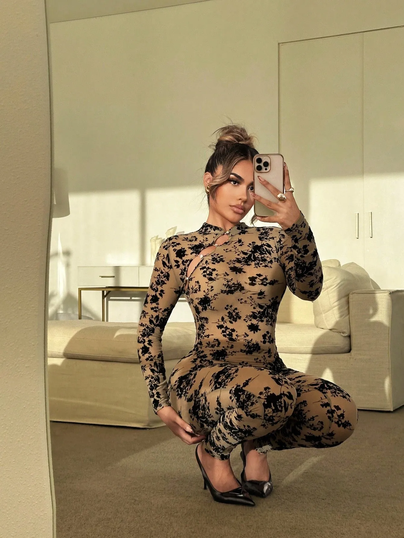 Floral Flocked Bodycon Jumpsuit