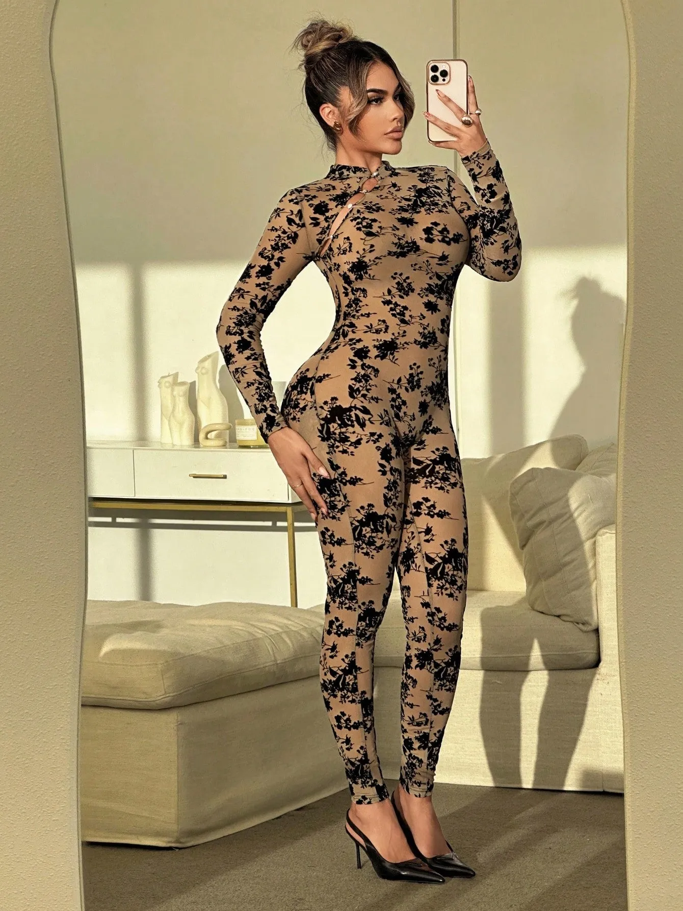 Floral Flocked Bodycon Jumpsuit