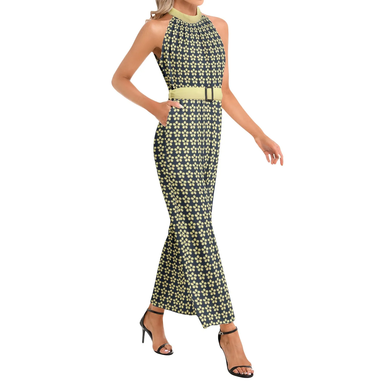 Gold Petals Halter Neck Buckle Belted Jumpsuit