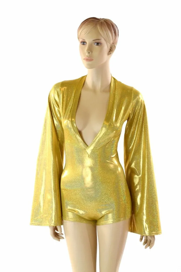 Gold Plunging V Bell Sleeve Romper with Boy Cut Leg
