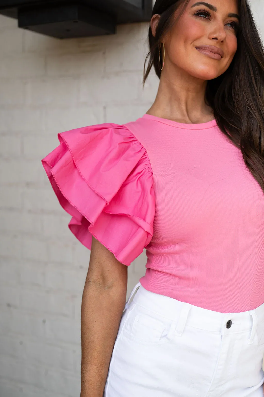 Kenny Wing Ruffle Sleeve Bodysuit- Pink