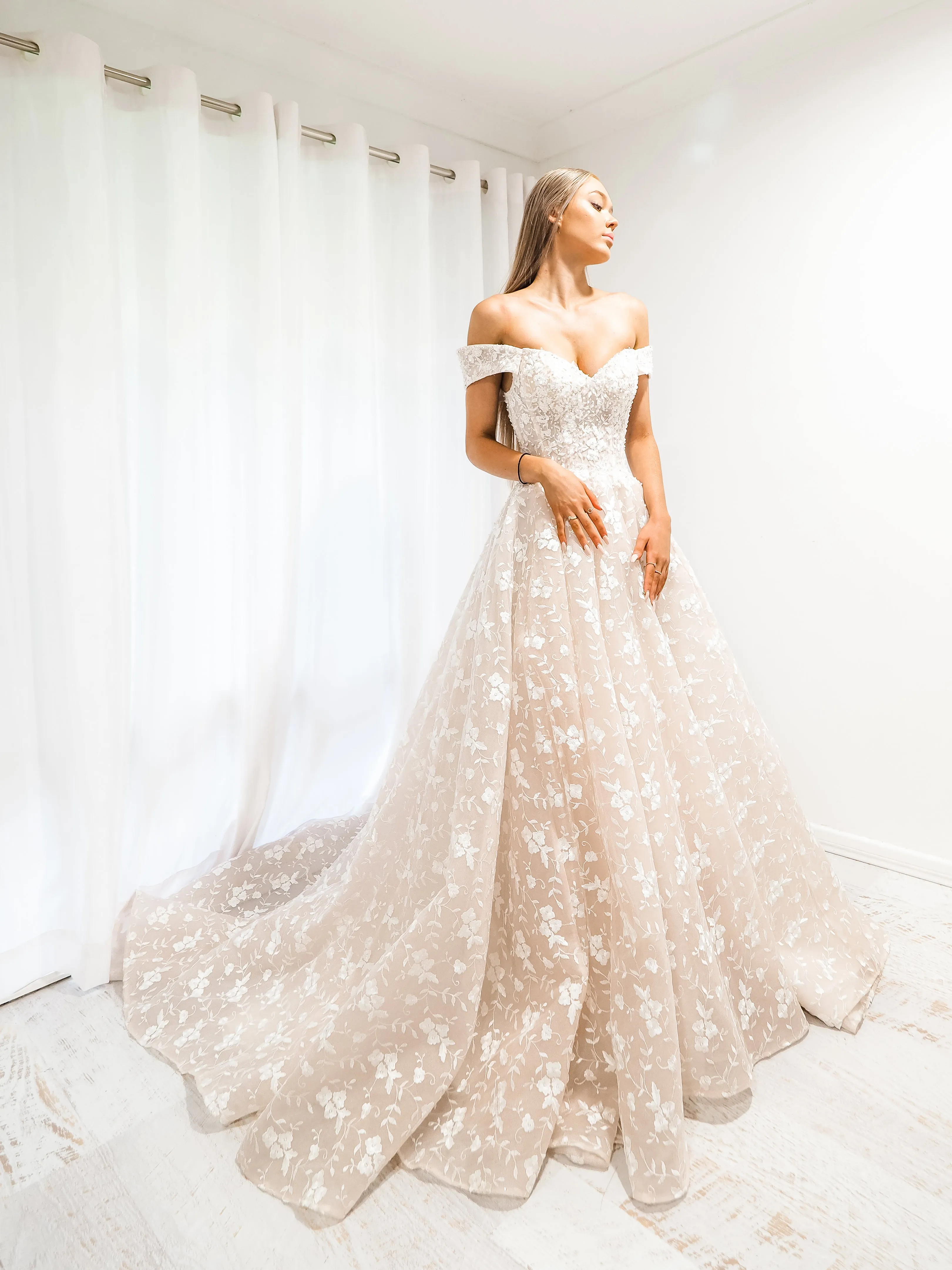Mocha white lace off the shoulder princess dress