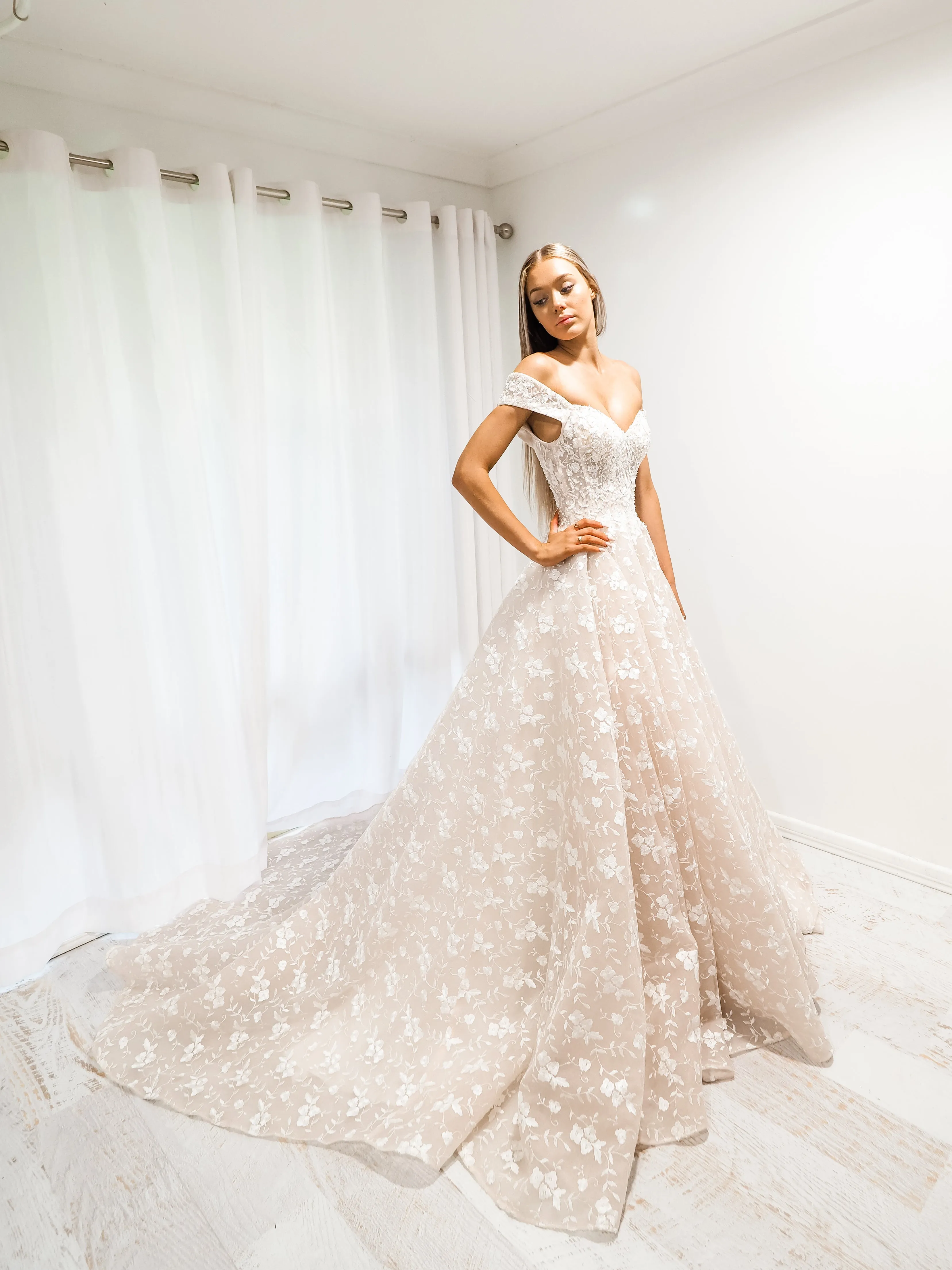Mocha white lace off the shoulder princess dress