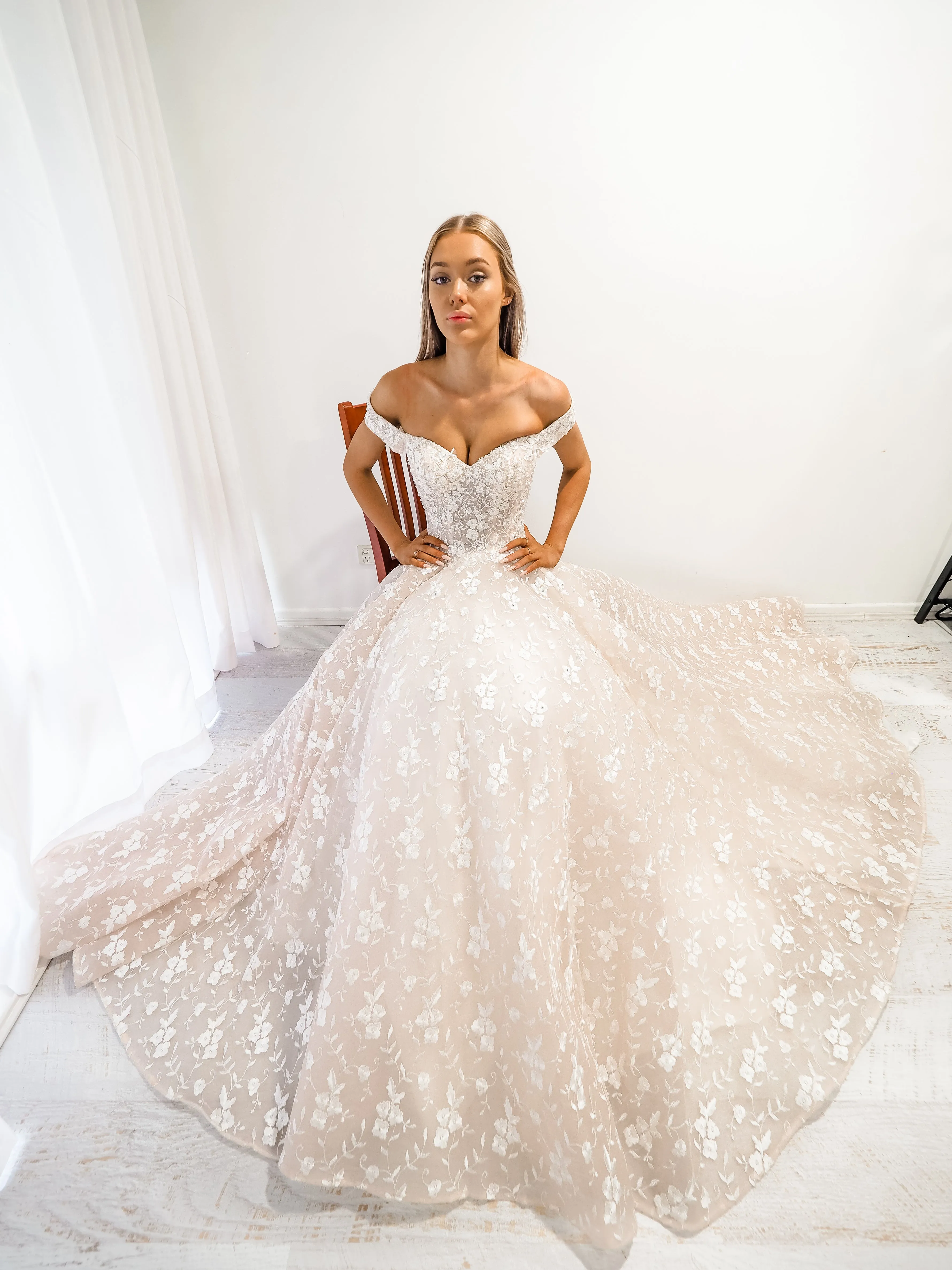 Mocha white lace off the shoulder princess dress