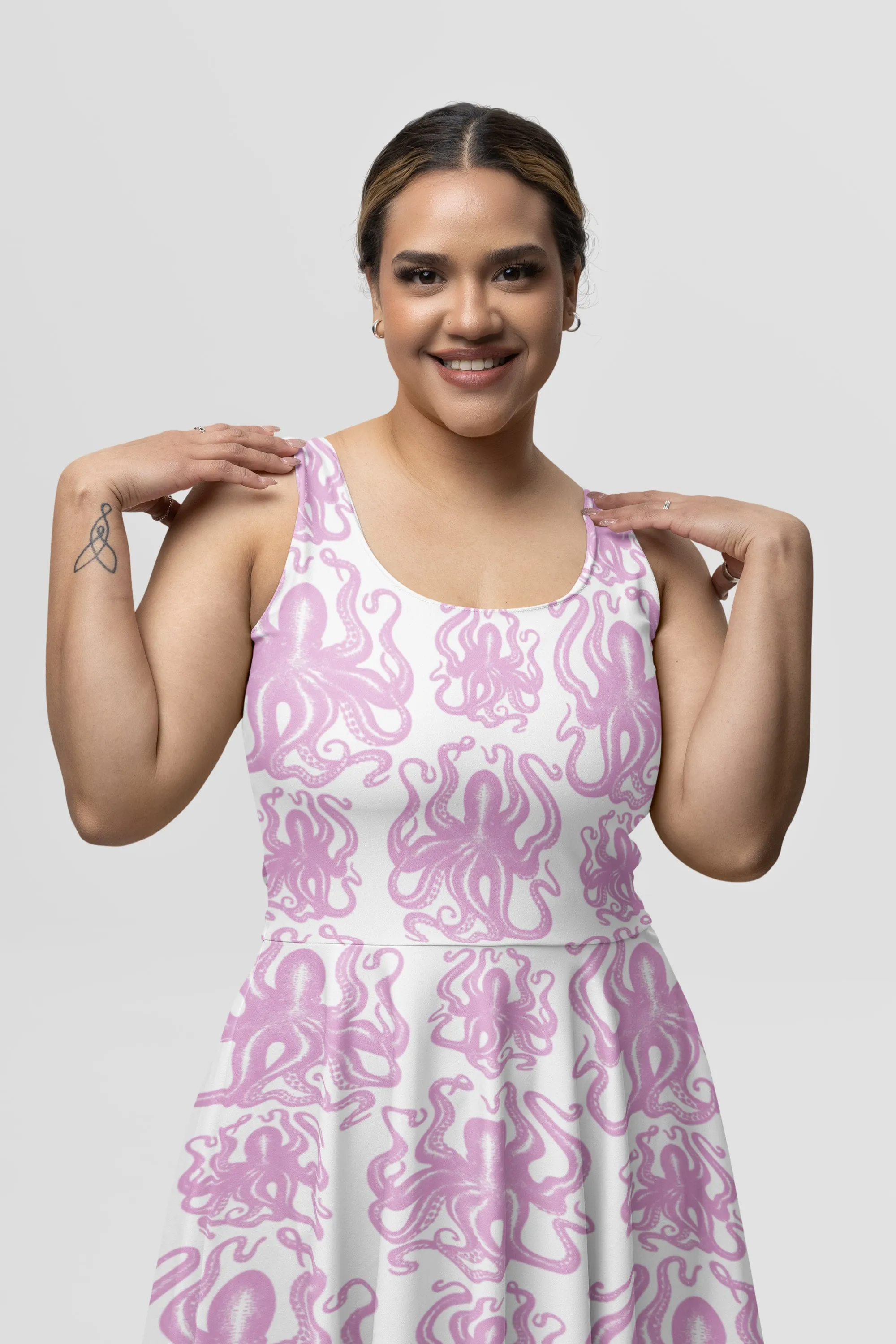 Pink Octopus Art Skater Dress, Octopus print Dress, Beach-themed Dress, Women's Pink Flowy Flared Dress, Womens Summer Dress
