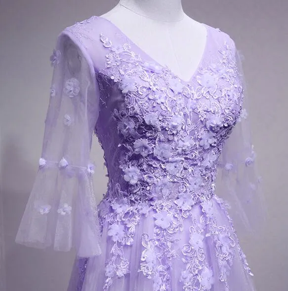 Purple Tulle Flower And Lace Short Sleeves Tulle Long Formal Dress,a-line Lavender Party Dress Prom Dress   fg4486
