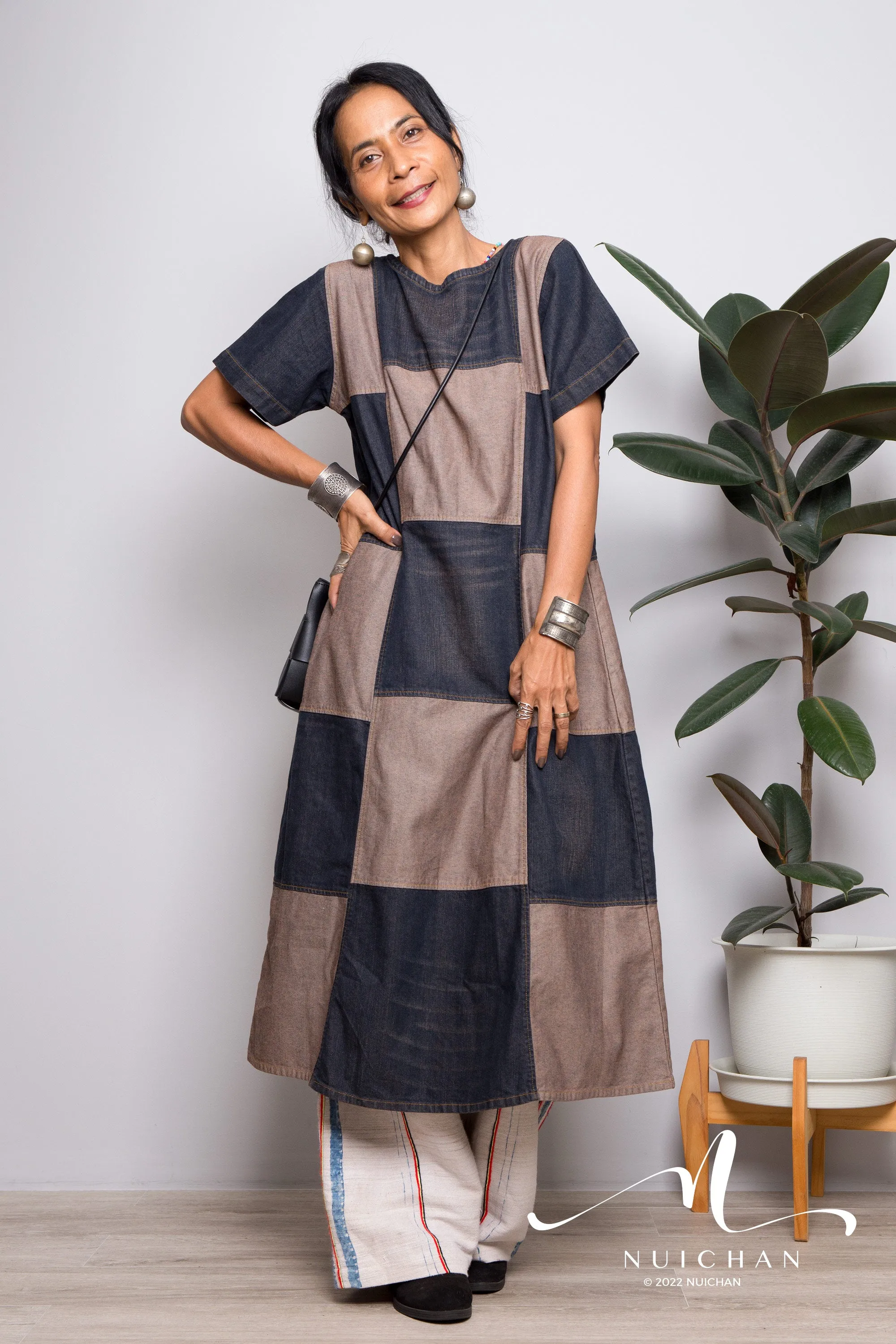 Stonewashed patchwork denim dress