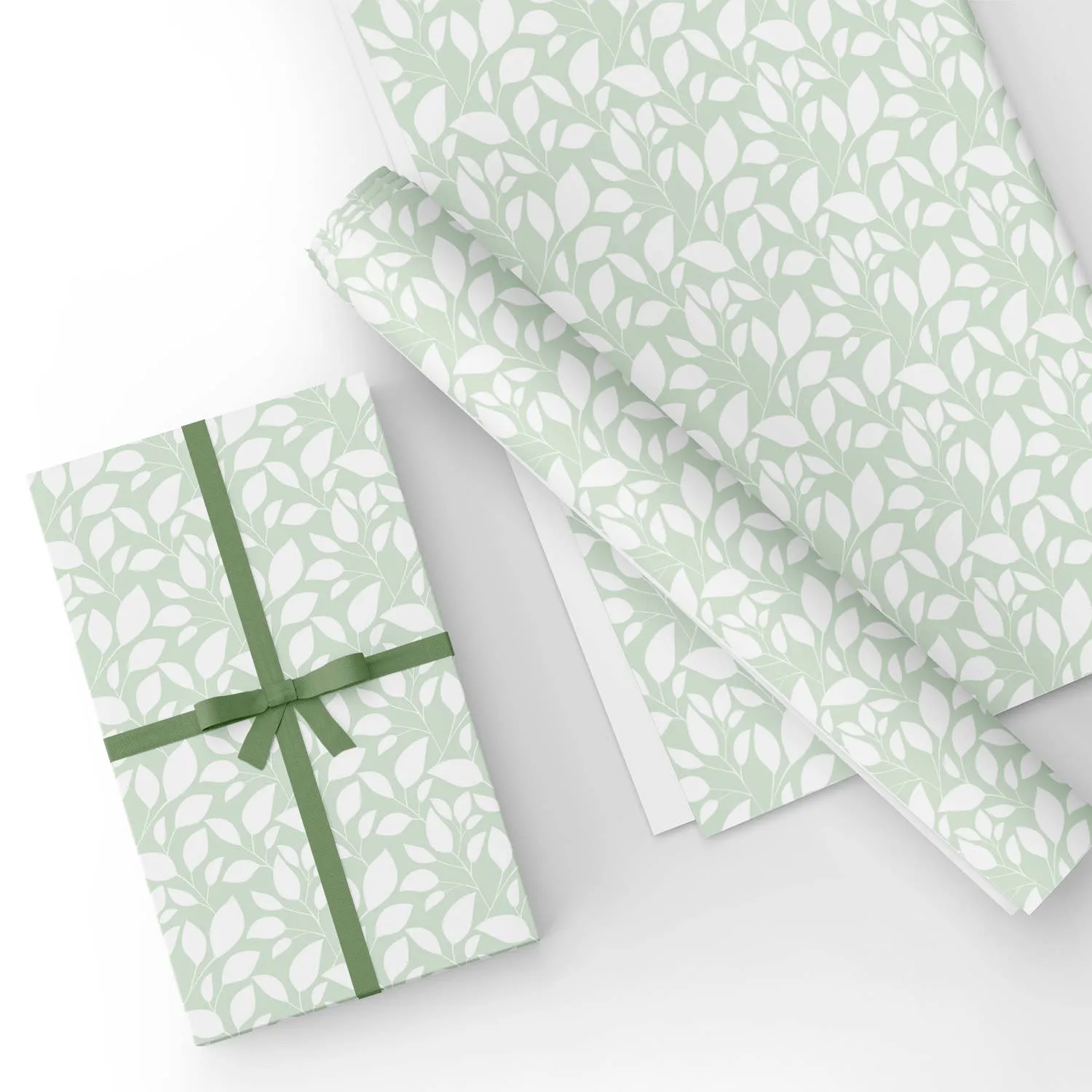 White Leaves in Cyan Flat Wrapping Paper Sheet 19.7" X 27.6"
